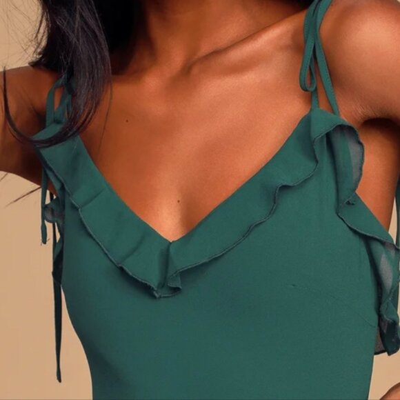 Lulu's Never a Dull Moment Emerald Green Tie-Strap Pleated Midi Dress Siize XS - Picture 3 of 9